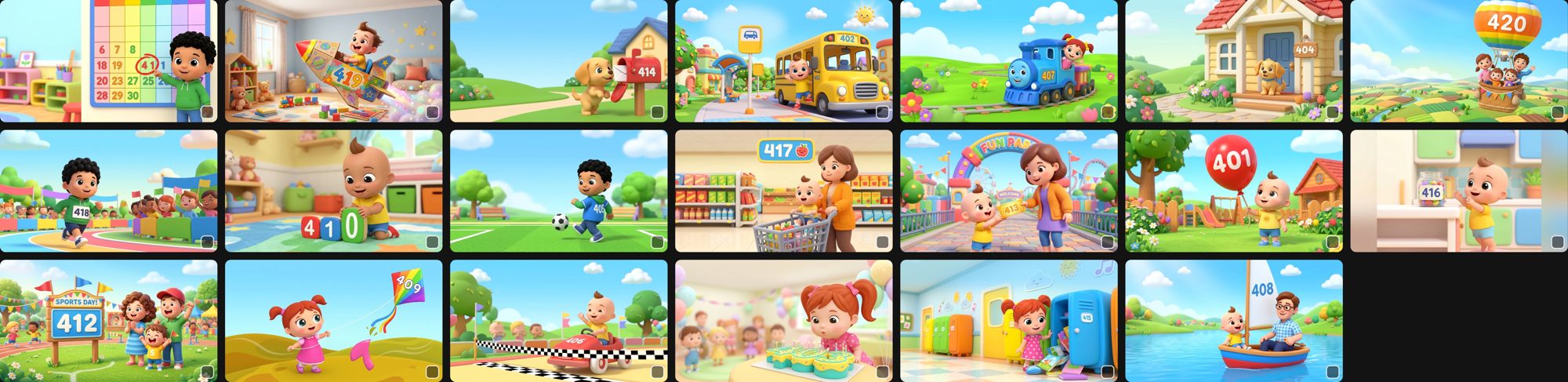A twenty-scene test project where each picture shows its own number and the FlowGrab badge agrees with it