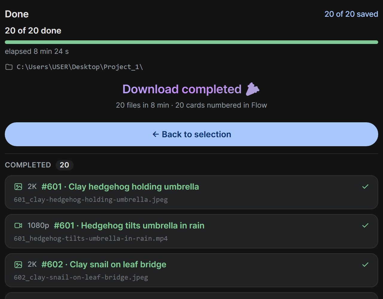 The finished run: twenty of twenty saved, Download completed, twenty cards numbered in Flow
